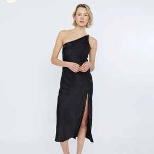 Black Satin midi one shoulder dress